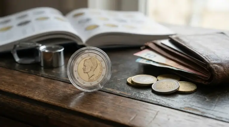 Moneta da 2 euro Grace Kelly 2007 esposta su un tavolo con portafoglio e catalogo numismatico