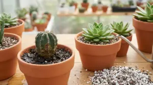 Cactus in decomposizione accanto a piante grasse sane in vasi di terracotta