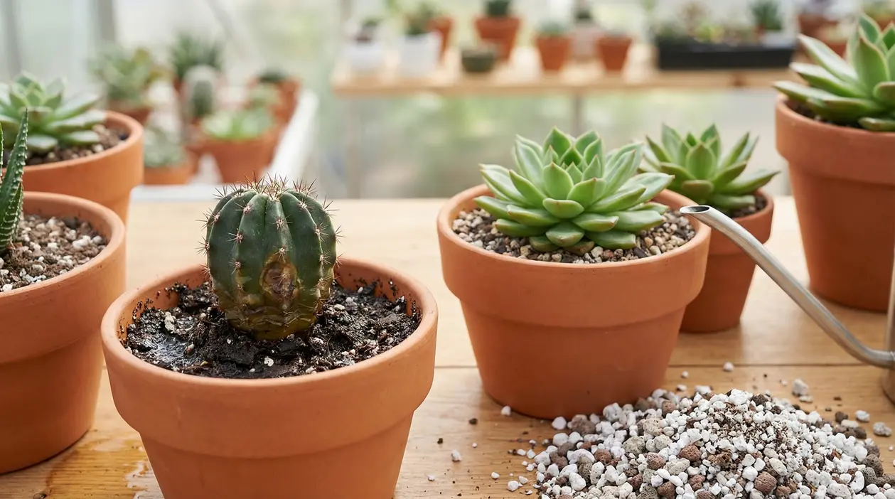 Cactus in decomposizione accanto a piante grasse sane in vasi di terracotta