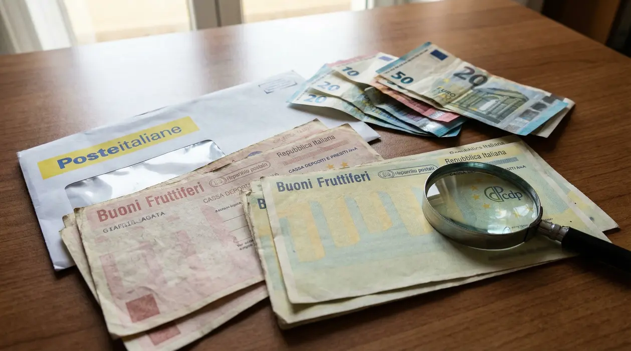 Buoni fruttiferi postali, banconote in euro, una lente d'ingrandimento e una busta di Poste Italiane su un tavolo