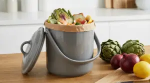 Secchio dell'organico grigio con rifiuti alimentari in una cucina luminosa