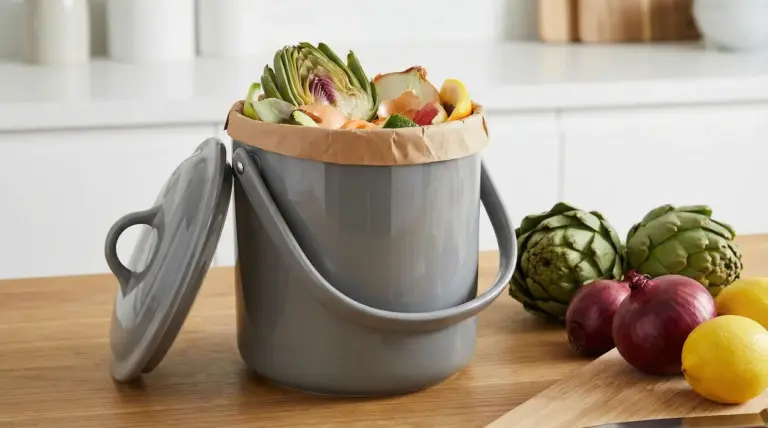 Secchio dell'organico grigio con rifiuti alimentari in una cucina luminosa