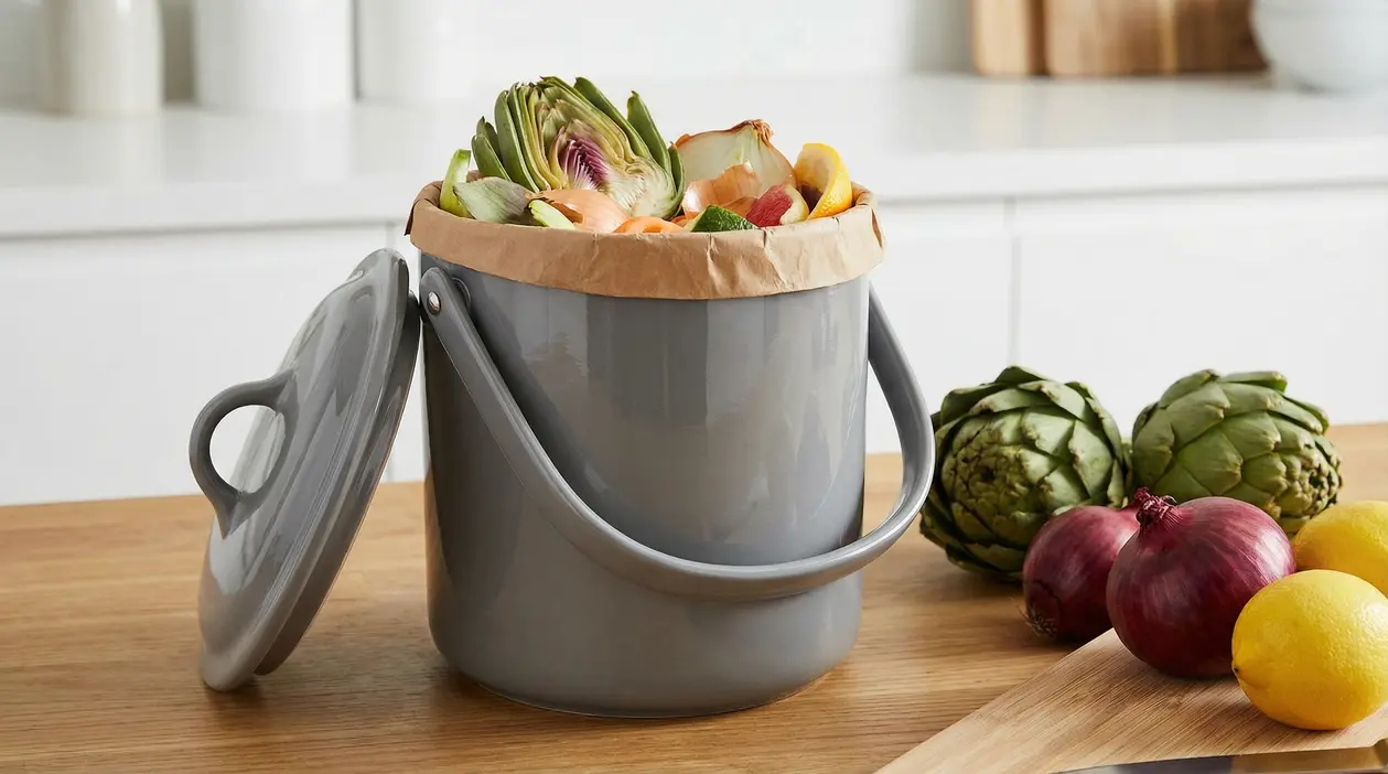 Secchio dell'organico grigio con rifiuti alimentari in una cucina luminosa