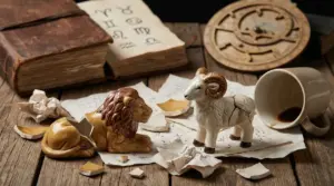 Due statuette zodiacali rotte, un leone e un ariete, su un tavolo di legno con oggetti astrologici
