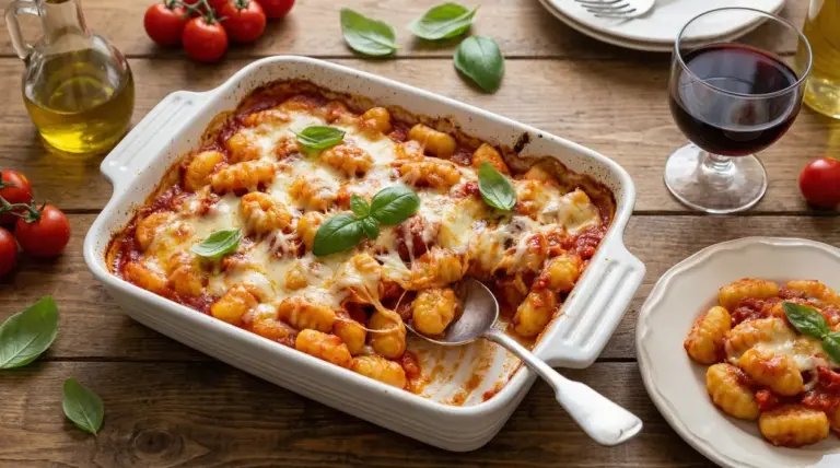 Gnocchi alla sorrentina al forno con mozzarella filante serviti in una pirofila bianca