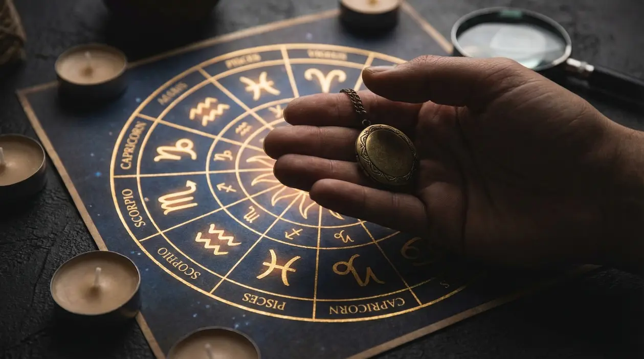 Una mano tiene un ciondolo sopra una tavola con i segni zodiacali dorati