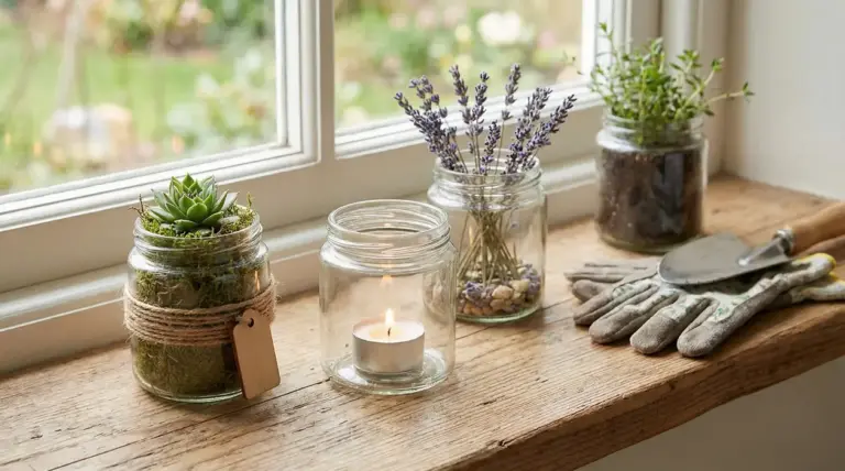 Vasetti di vetro riutilizzati come portapiante, porta candela e contenitore decorativo su un davanzale