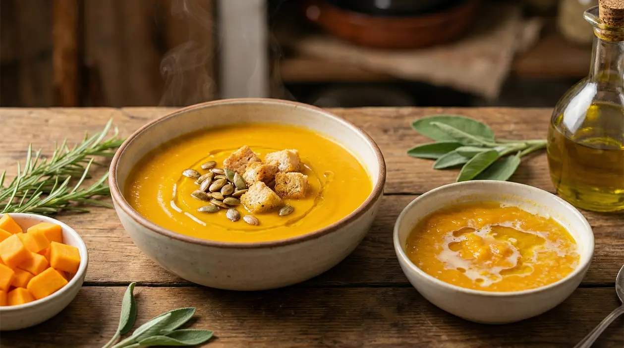 Due ciotole di vellutata di zucca su un tavolo rustico, una cremosa con crostini e semi, l'altra più liquida