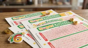 Schedine del SuperEnalotto su un tavolo con numeri evidenziati e il simbolo del numero 6