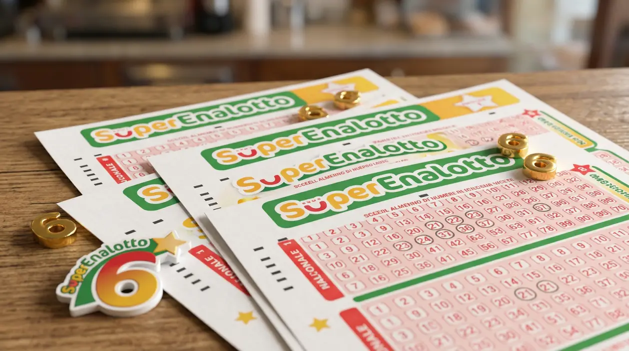 Schedine del SuperEnalotto su un tavolo con numeri evidenziati e il simbolo del numero 6