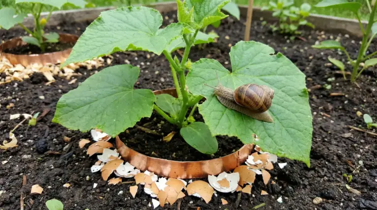 Lumaca su foglia di cetriolo in un orto con barriera di rame e gusci d'uovo