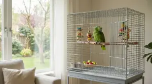 Pappagallo verde in gabbia con giochi e frutta in un soggiorno luminoso