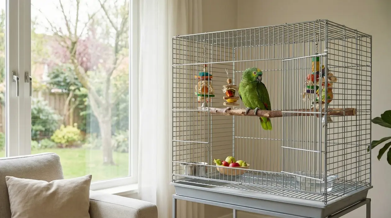 Pappagallo verde in gabbia con giochi e frutta in un soggiorno luminoso