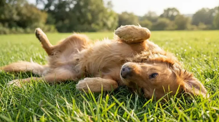 Cane che si rotola sull’erba in una giornata soleggiata
