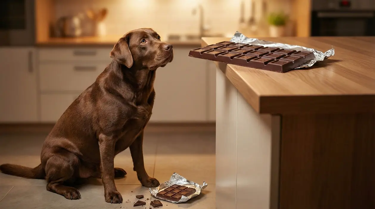 Un cane guarda una tavoletta di cioccolato su un tavolo in cucina, con pezzi caduti a terra
