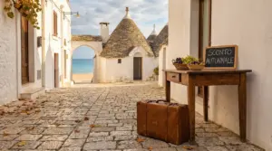 Stradina con trulli vicino al mare in Puglia, tavolo con valigia e cesto di uva