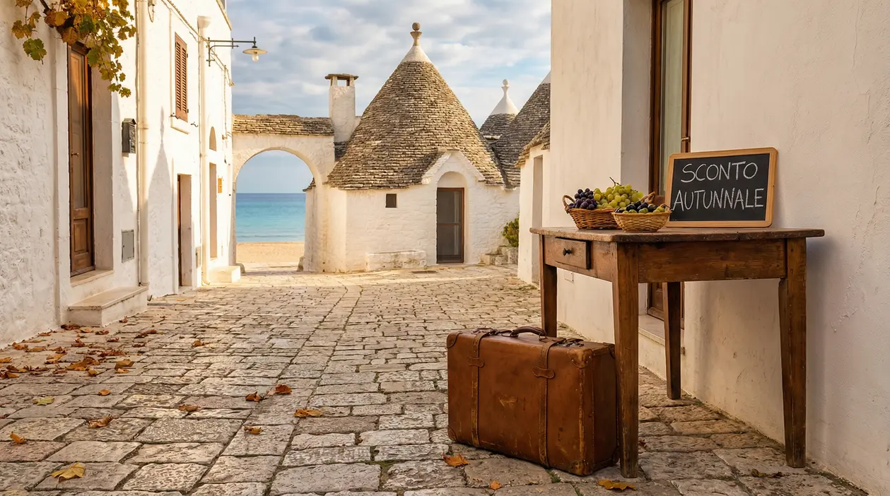 Stradina con trulli vicino al mare in Puglia, tavolo con valigia e cesto di uva