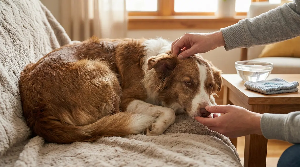 Cane sdraiato su un divano mentre una persona gli tocca il muso e l'orecchio per controllarne la salute