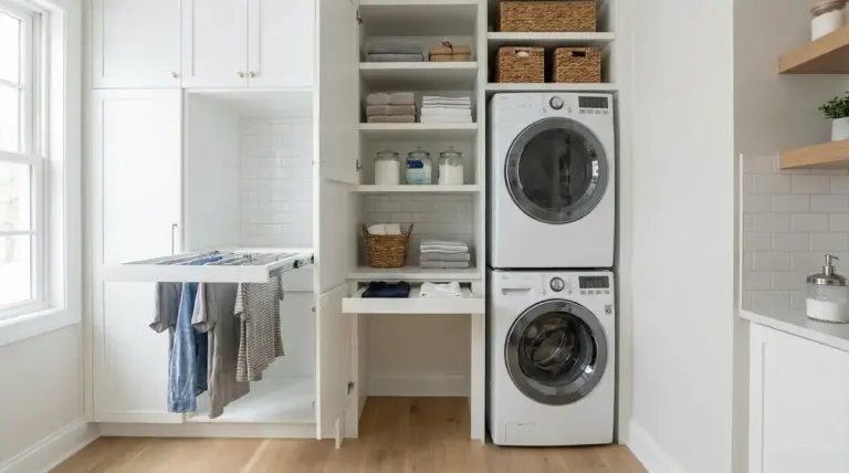 Lavanderia compatta con lavatrice, asciugatrice e armadi organizzati con soluzioni salvaspazio