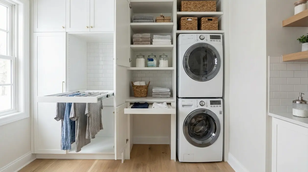 Lavanderia compatta con lavatrice, asciugatrice e armadi organizzati con soluzioni salvaspazio