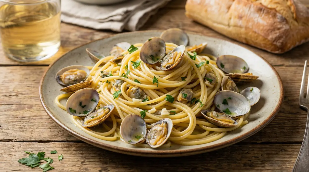 Piatto di spaghetti con vongole veraci e prezzemolo su tavolo rustico