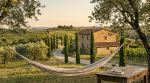 Amaca tra ulivi con vista su casale in pietra e colline toscane al tramonto